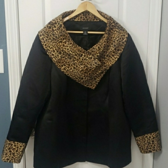 ASHRO Trench, Black with Animal Print Collar and Cuffs, size 26 - Picture 1 of 13